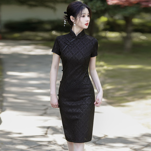 黑色蕾丝旗袍短款小个子2025新款年轻款女复古日常可穿显瘦高级感