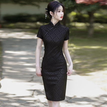 黑色蕾丝旗袍短款小个子2026新款年轻款女复古日常可穿显瘦高级感