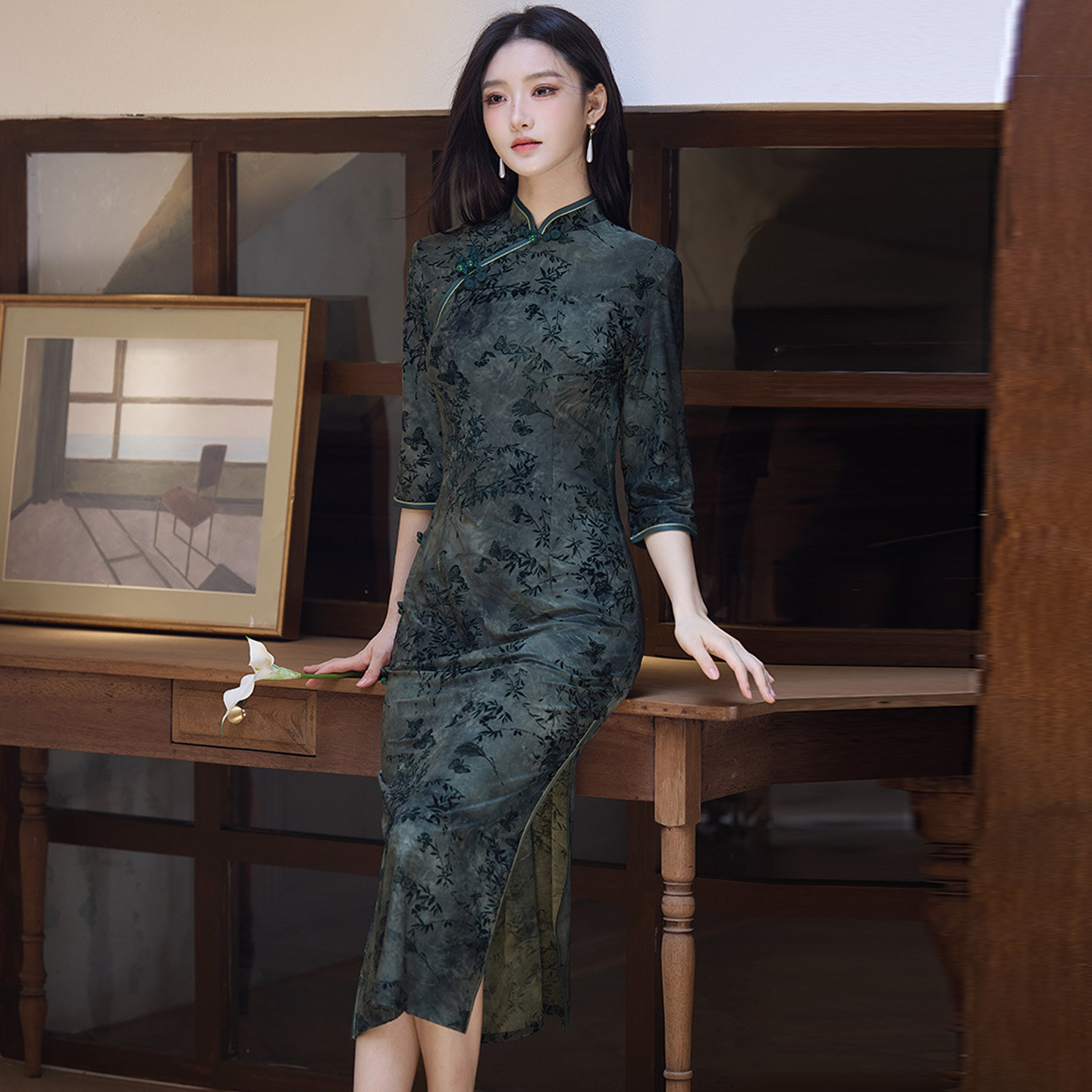 新中式复古民国风植绒扎染旗袍长款2026新款春季修身显瘦日常可穿