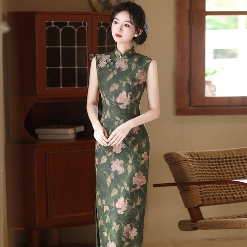 墨绿色新中式改良无袖旗袍女夏季