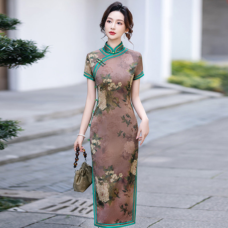 高端花罗旗袍女长款夏季新款妈妈
