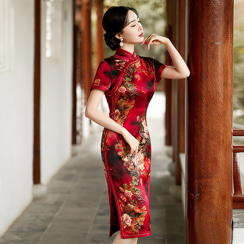 重磅桑蚕丝旗袍中长款2025年夏新款年轻款女红色喜庆惊艳气质高端