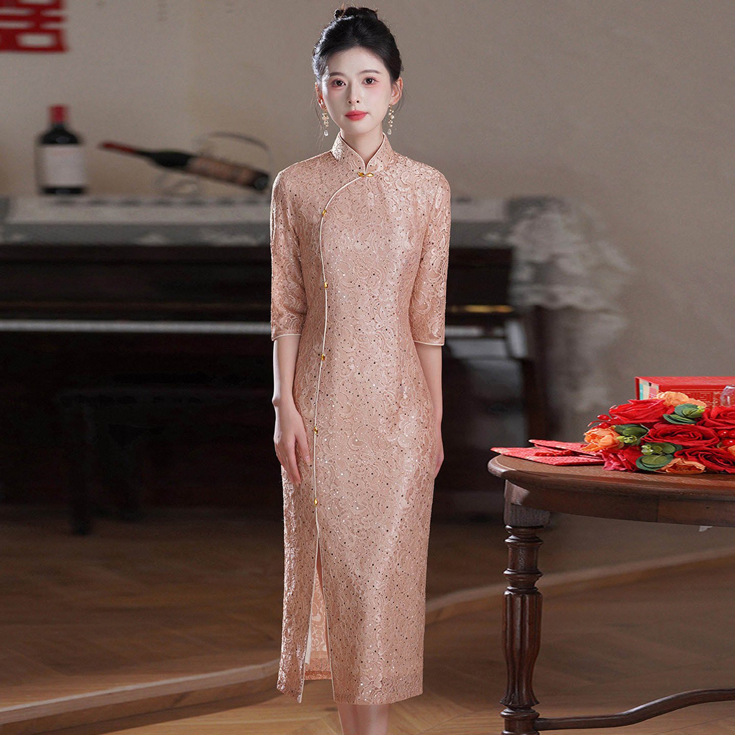 粉色蕾丝单开叉旗袍礼服2026新款春季日常可穿时尚改良轻奢高级感