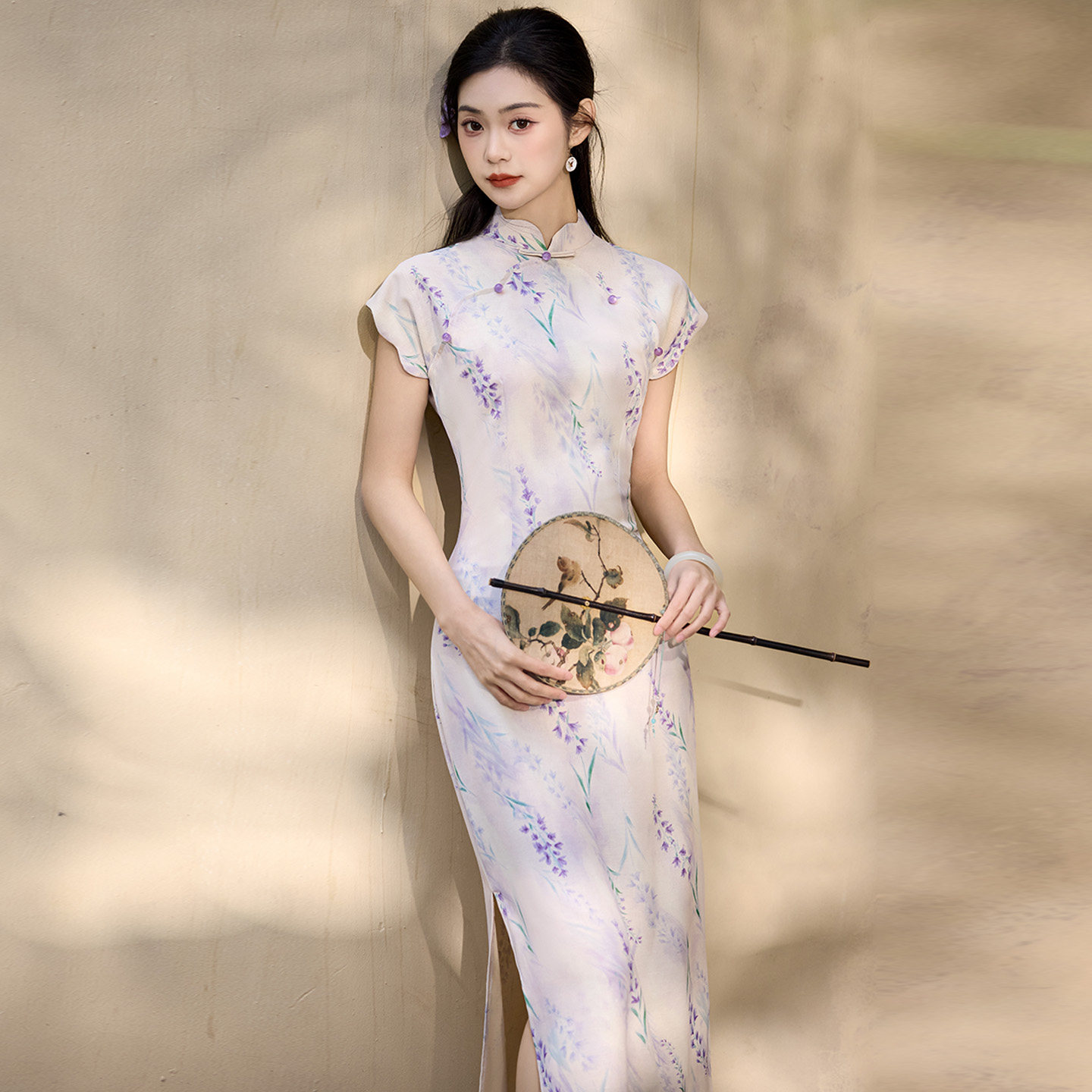 竹节麻波浪元素旗袍女夏长裙礼服