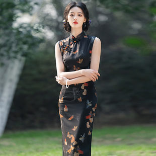 黑色复古国风改良无袖旗袍长款2025新款夏季高端大气上档次年轻款