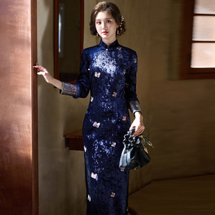 年轻款 绝美蓝色韩国绒加绒旗袍长袖 新中式 2025新款 轻奢高级感 冬装