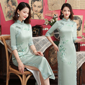长袖 修身 秋季 绣花边年轻款 显瘦 2025新款 高档双层真丝绸旗袍裙长款