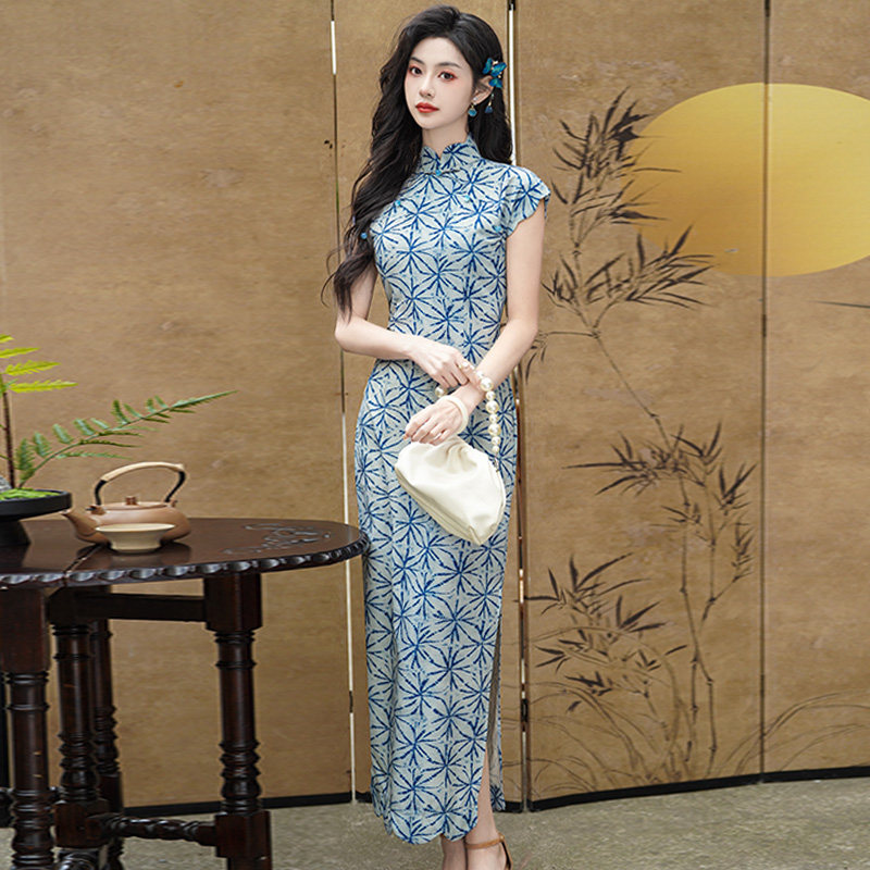 花瓣领冰麻旗袍夏长款新中式改良