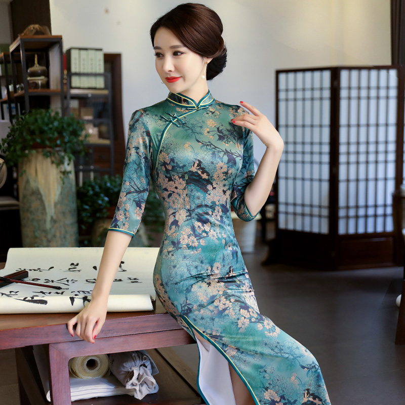 香云纱旗袍连衣裙2025年春季新款复古改良长袖旗袍大码中长款礼服
