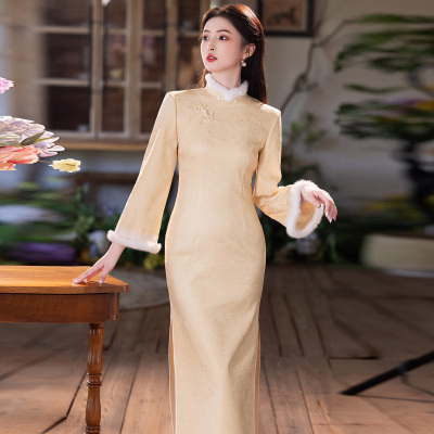 提花雪尼尔加厚加绒旗袍冬年轻款