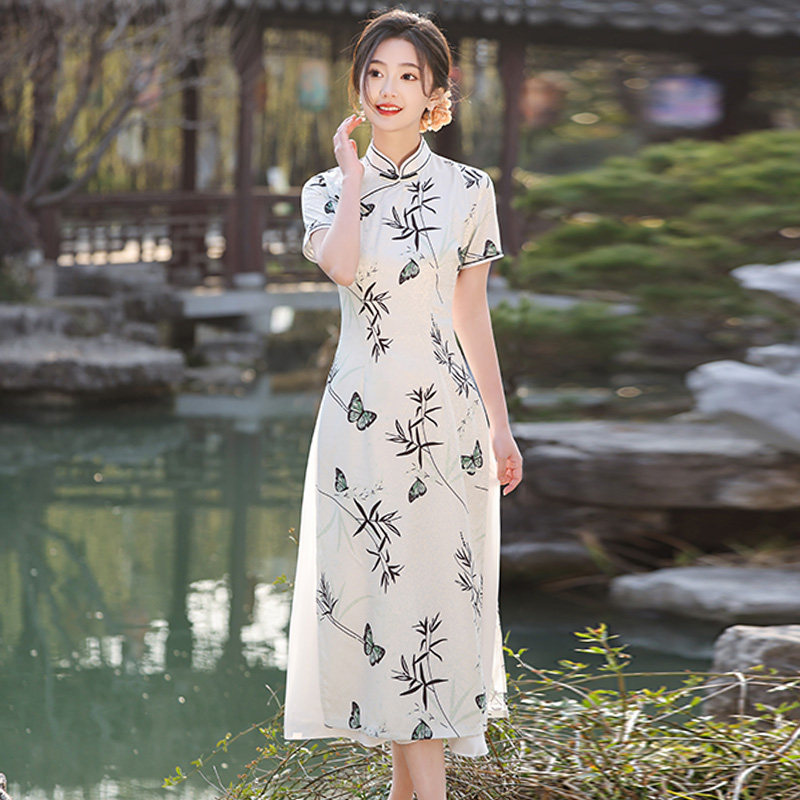 夏季新款贡缎旗袍奥黛裙年轻款女