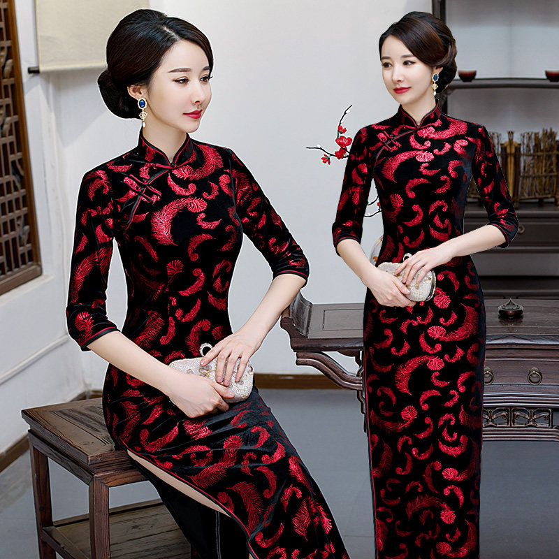 加厚保暖丝绒旗袍长款秋长袖2023年新款妈妈装喜婆婆婚宴礼服