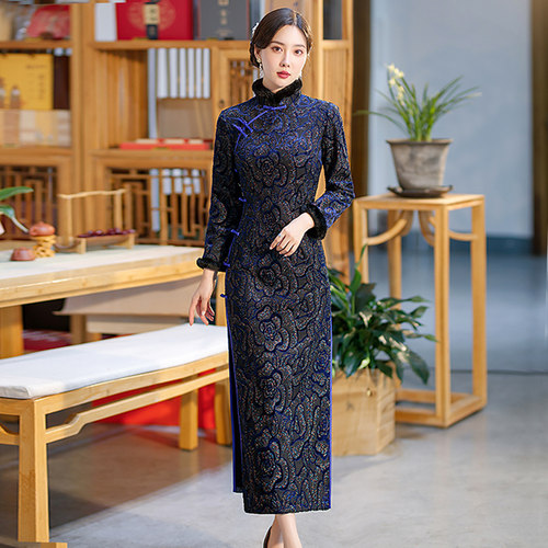高端宝蓝色加绒旗袍女冬款妈妈装