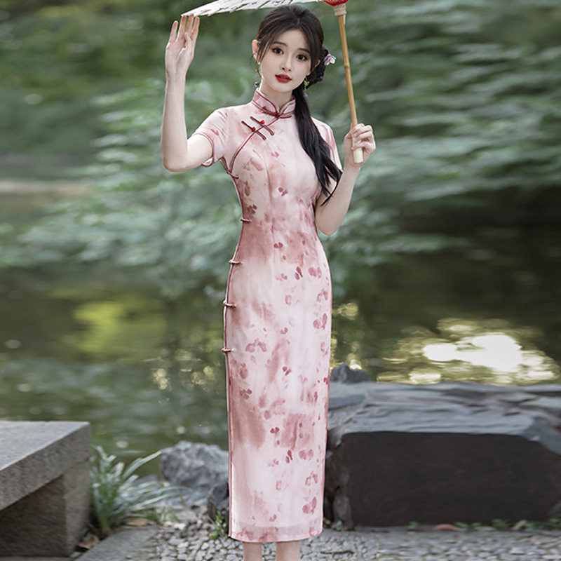 现代时尚改良旗袍2025新款夏季年轻款少女粉红日常复古多色有大码