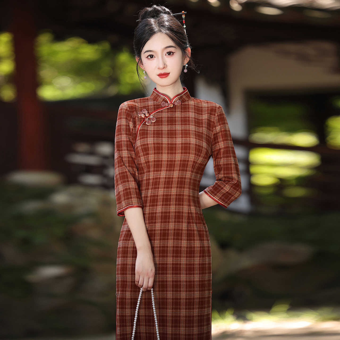 复古新中式弹力棉格子旗袍2026春季新款民国大小姐年轻款日常可穿