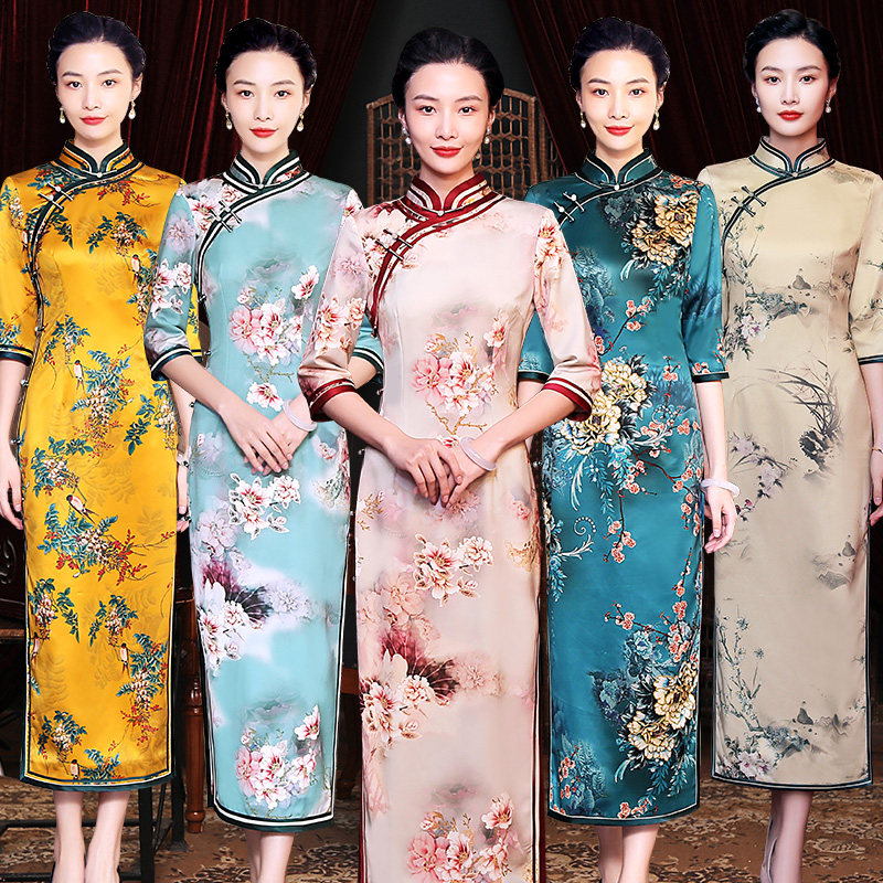 钻石丝旗袍春季长款七分袖妈妈