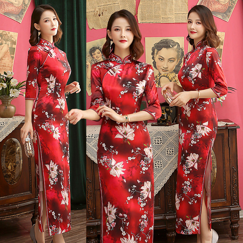 春秋季长袖旗袍改良版宴会晚礼服