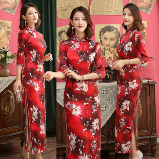 长袖旗袍长款真丝绸改良版连衣裙2025年秋季装新款宴会晚礼服气质