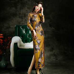 老上海改良加绒加厚长款旗袍秋冬季新款侧八扣高开叉日常复古国潮