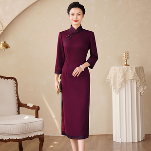 高贵羊毛呢喜婆婆妈妈装旗袍女新中式改良2025秋冬季新款婚宴礼服