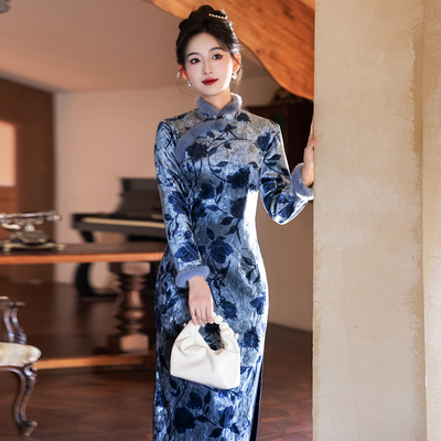 金丝绒加厚长袖旗袍女新中式冬装