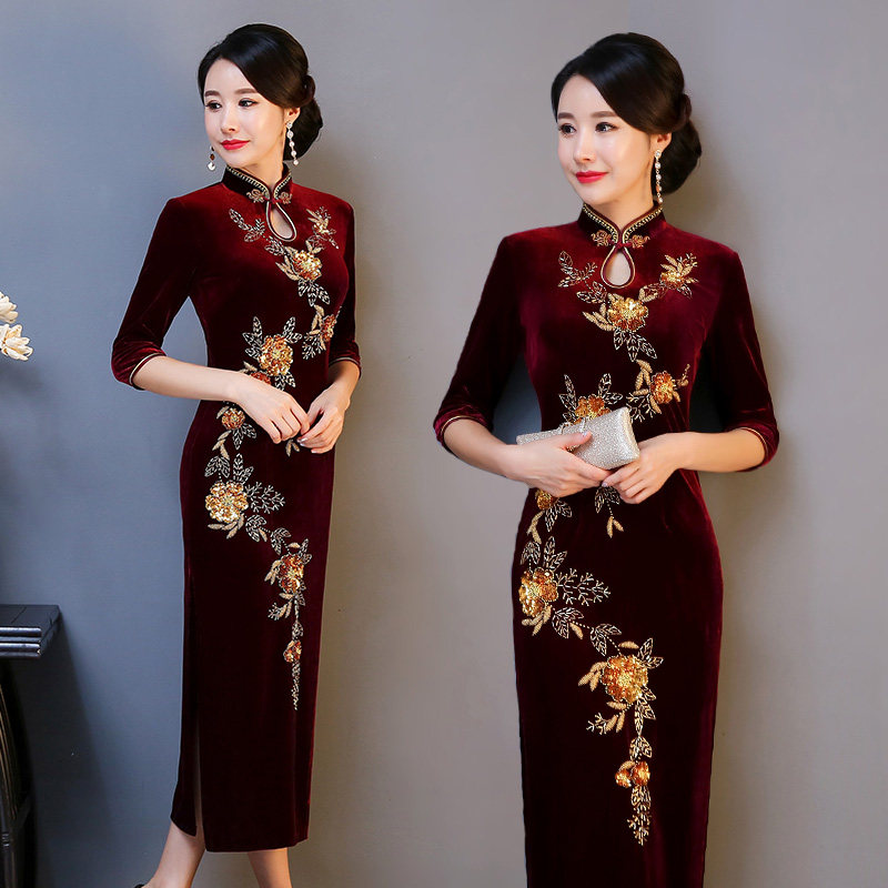 高端丝绒旗袍长袖春秋妈妈装婚宴