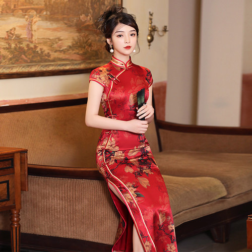 真丝旗袍桑蚕丝红色中国风年轻款