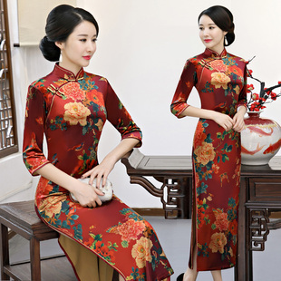 优雅改良旗袍女秋季加厚保暖丝绒长款长袖大码走秀演出晚礼服