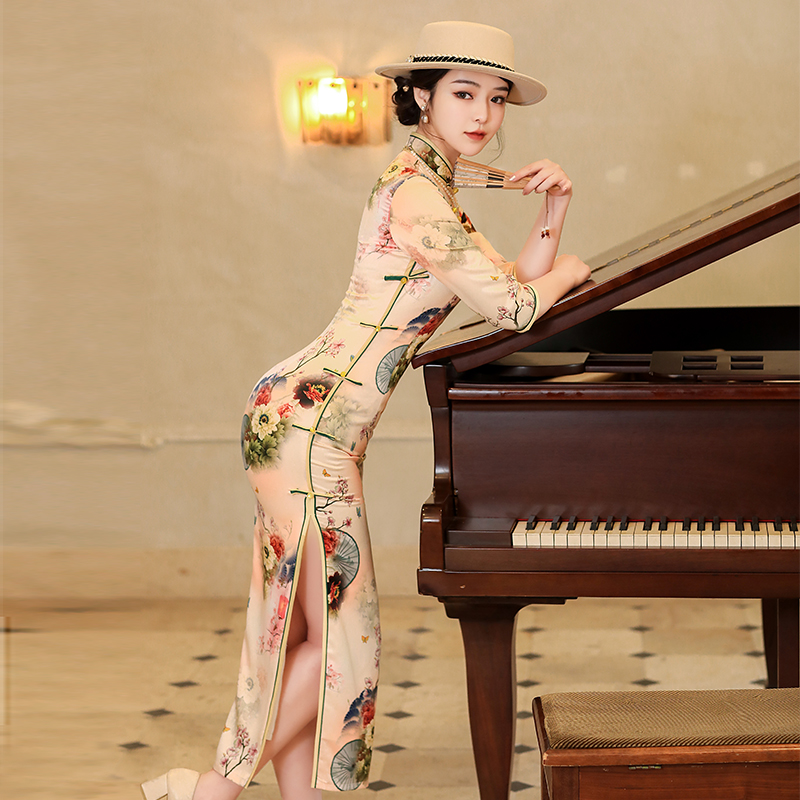 上海滩真丝旗袍长款长袖秋新款