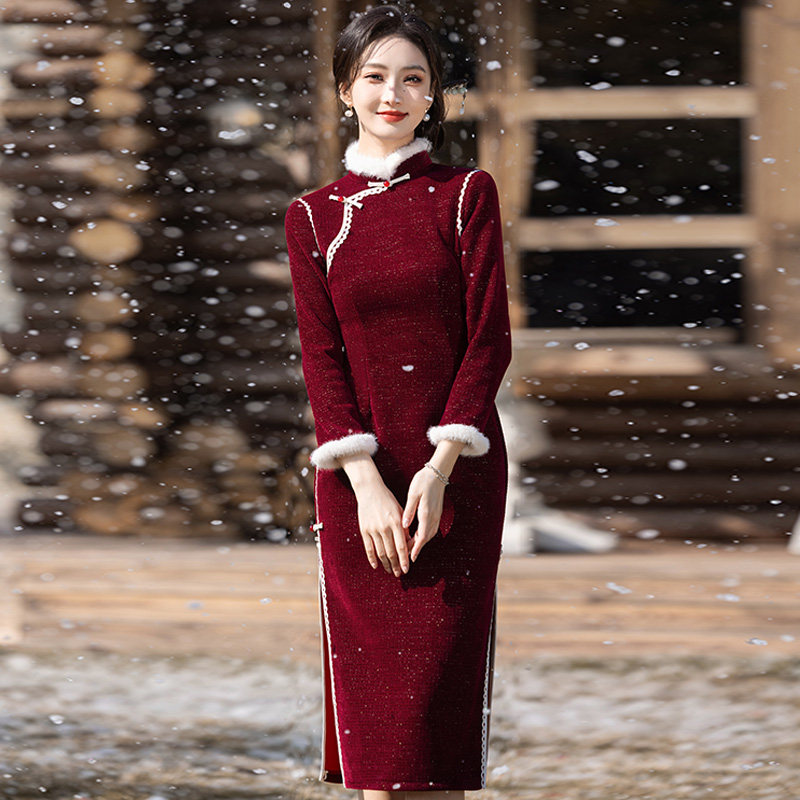 新中式改良年轻款加厚旗袍长袖冬装2025新款民国风酒红色日常可穿