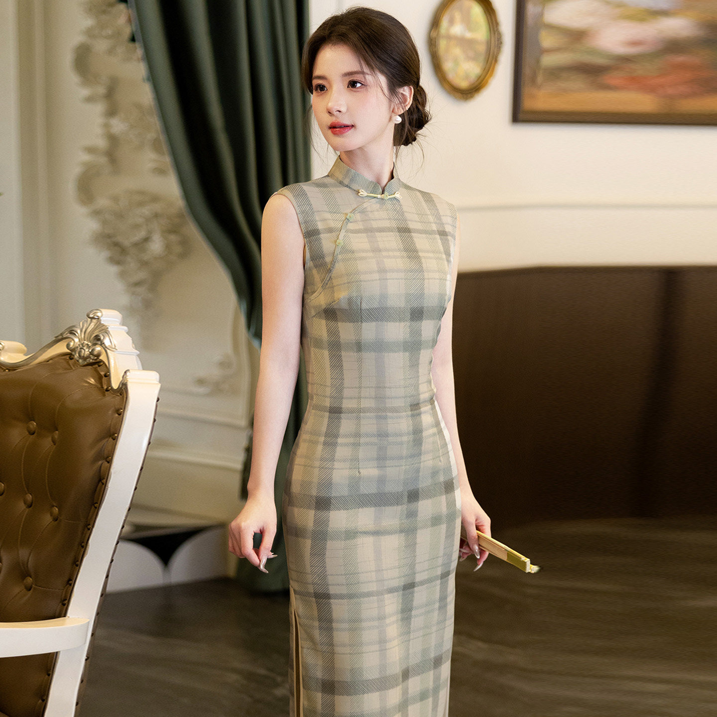 天丝麻格子无袖旗袍女夏2026新款
