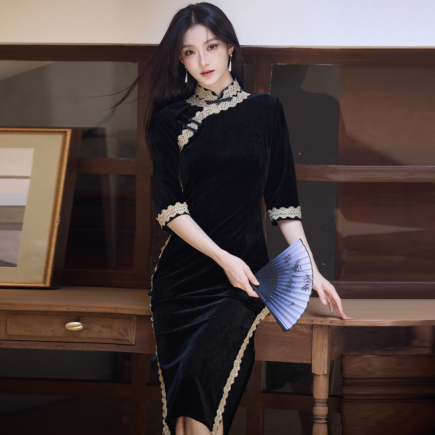 新中式黑色阳光金丝绒旗袍女秋款