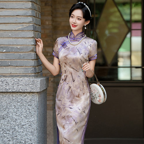 真丝缎紫色绝美旗袍长款春夏新款