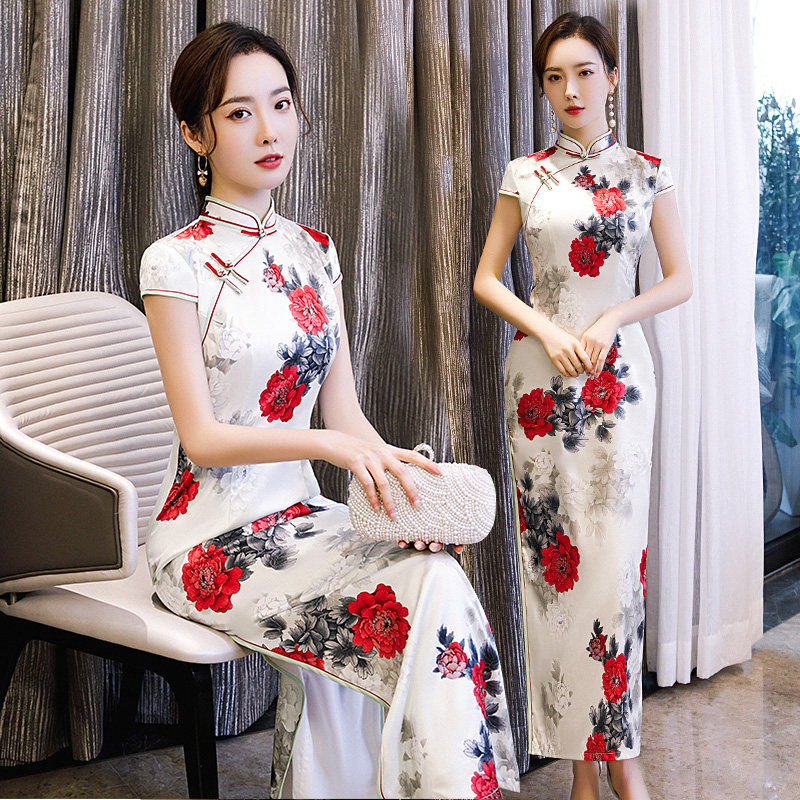 真丝新款女士妈妈装复古风旗袍裙