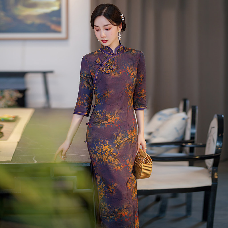 高档手工花扣人丝香云纱旗袍2025年秋季新品复古老上海改良连衣裙