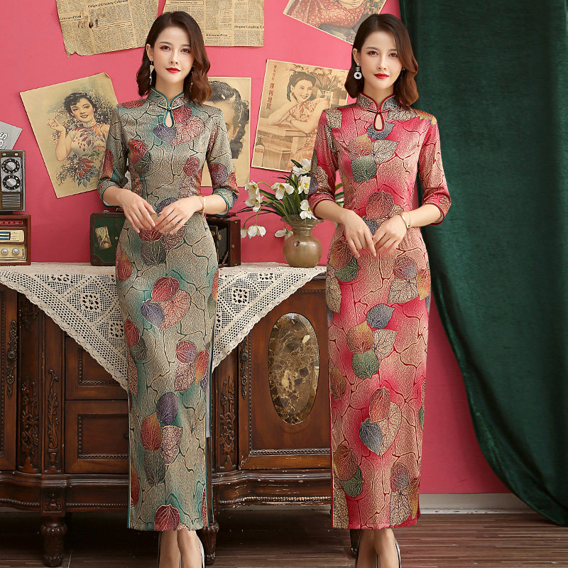 旗袍女中长款真丝双层七分袖中长款2024年春秋新款复古气质中国风
