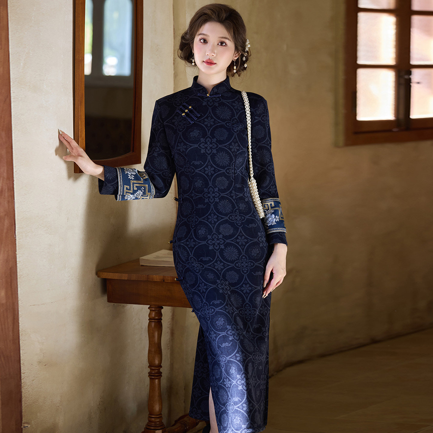 复古国风中式木棉绒旗袍长袖秋冬