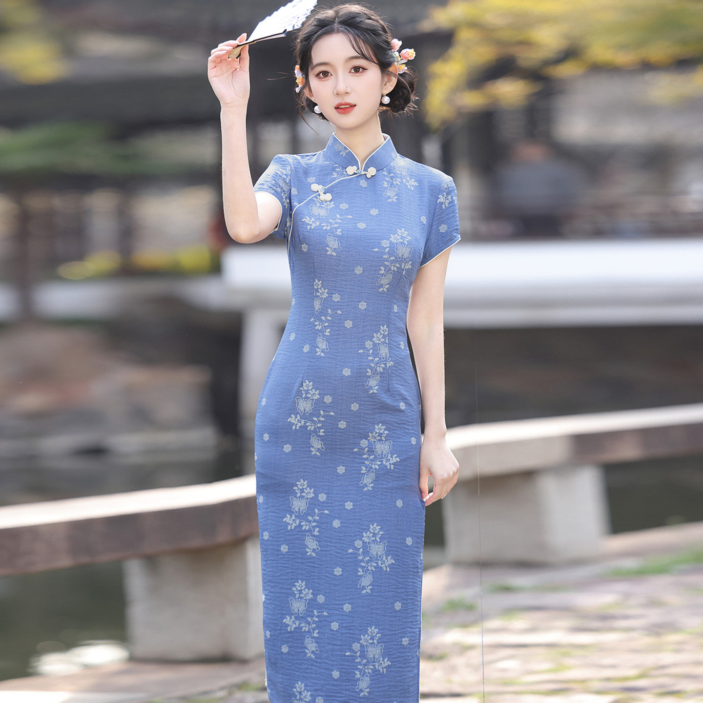 新中式年轻款蓝色棉麻旗袍裙夏季