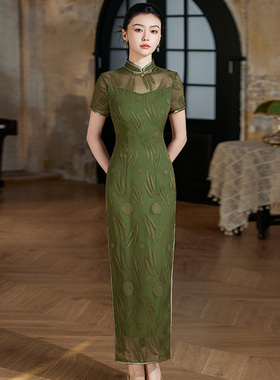 古凌纱烧花绿色旗袍长款改良2025新款夏季性感国风高端大气上档次