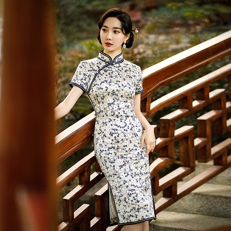 淑女印花高端真丝旗袍夏季2026新款年轻款女中长款小个子日常可穿