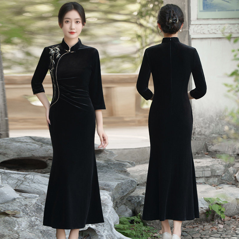 刺绣金丝绒旗袍鱼尾裙长款2026春季新款日常改良中国风黑色晚礼服