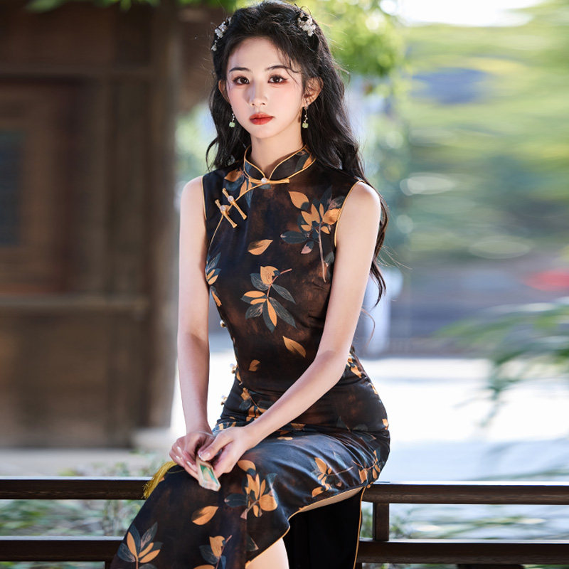 旗开得胜黑色改良无袖旗袍裙夏款