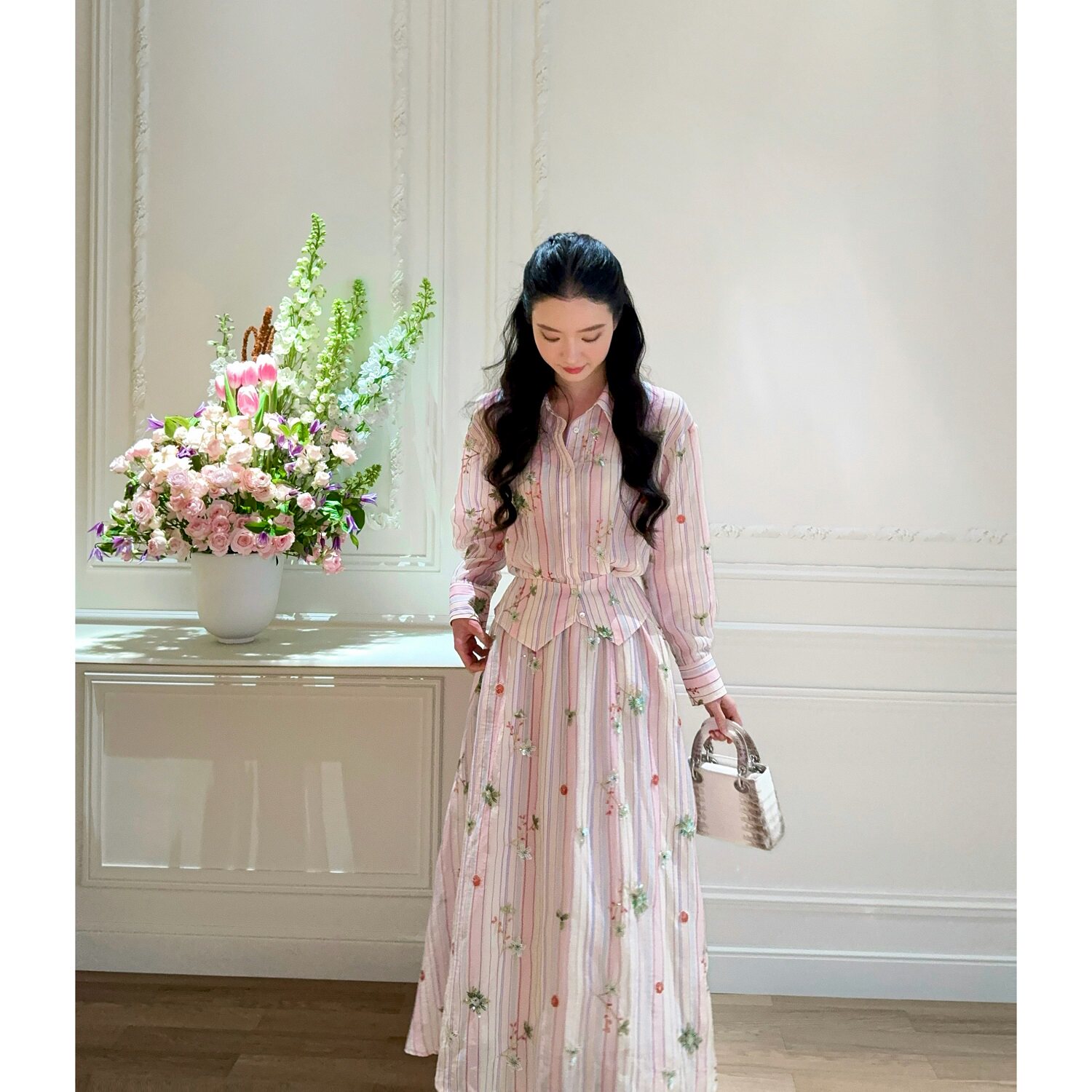 Zwinnie/詹维尼【女明星定制】重工钉珠小蛮腰衬衫莱赛尔纤维套装