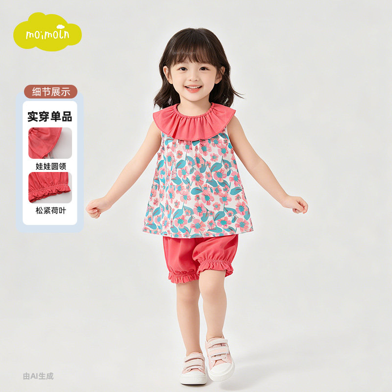 moimoln小云朵童装夏季儿童背心短裤女童夏日清凉套装