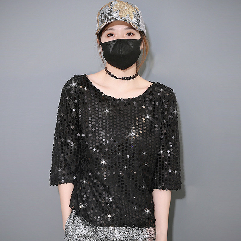 Korean Edition 2019 New products Add fertilizer enlarge Long bling Sequins Easy Show thin Sleeve T-shirt jacket Costumein the Women's clothing/Boutique , T-shirt  category - from Buy2taobao.com to provide professional Taobao agent buy service
