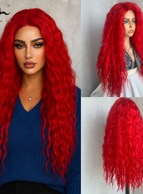 欧美时尚拉美卷红色长卷发仿真化纤假发女头套cosply辣妹造型表演