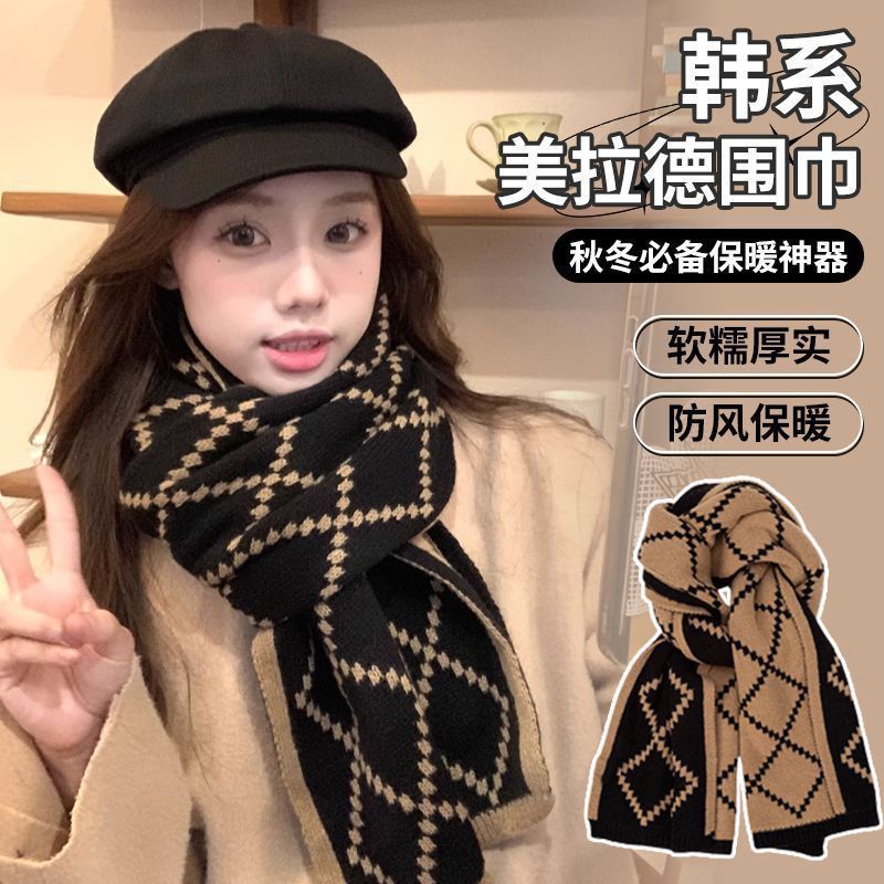 冬季韩版格子百搭保暖双面可戴红色围巾针织毛线感学生围脖女