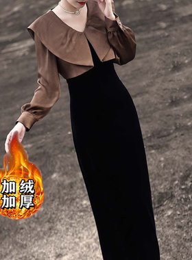 2025冬季新款加绒加厚气质优雅假两件拼接长袖娃娃领连衣裙D4044