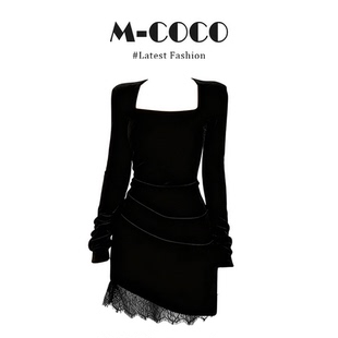 parkyeon黑色内搭蕾丝拼接紧身包臀短裙秋冬气质高贵针织连衣裙