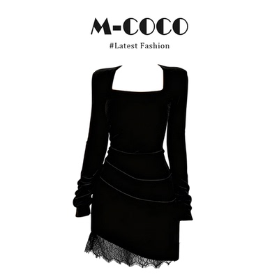 parkyeon黑色内搭蕾丝拼接紧身包臀短裙秋冬气质高贵针织连衣裙